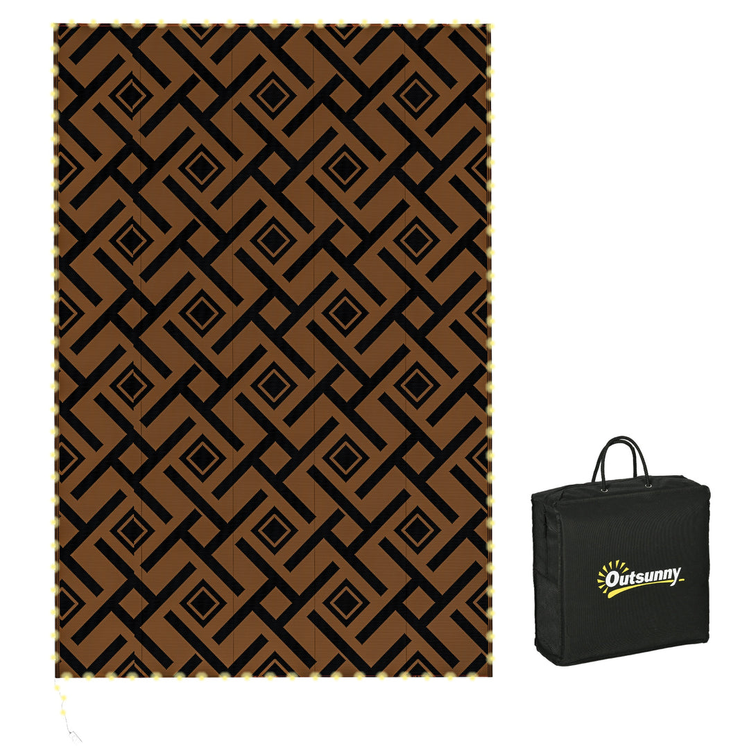 Plastic Straw Reversible RV Outdoor Rug with LED String Light, 182 x 274cm, Brown and Black