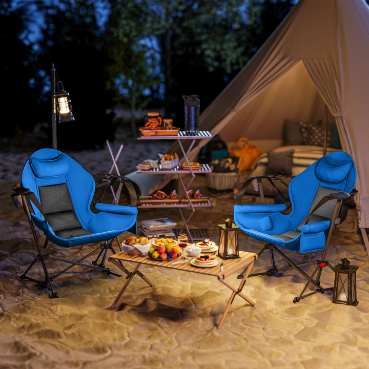 Hammock Camping Chair Set of 2, Adjustable Back Swinging Camping Chair Portable Swinging Chair with Cup Holder, Headrest, Padded Seat and Carry Bag for Travel Fishing Hiking, Blue