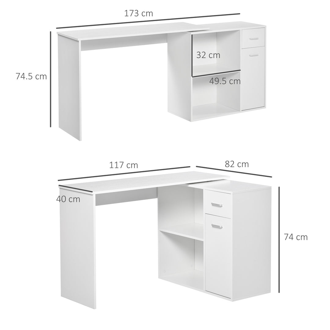 L-Shaped Desk, Corner Computer Desk, Adjustable Study Table with Storage Shelf, Drawer and Cabinet, Workstation for Home Office, White Wood Grain