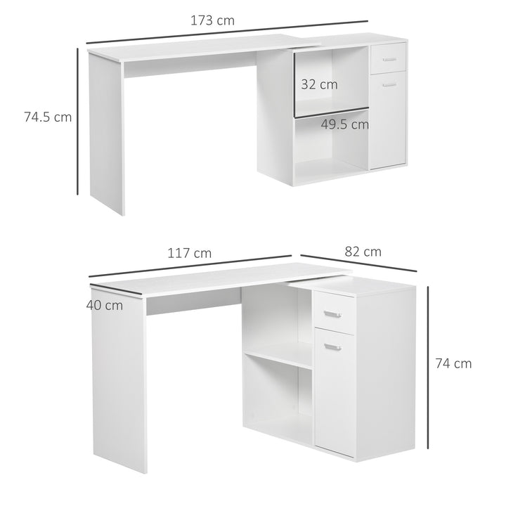 L-Shaped Desk, Corner Computer Desk, Adjustable Study Table with Storage Shelf, Drawer and Cabinet, Workstation for Home Office, White Wood Grain