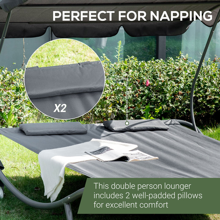 Double Sun Lounger with Adjustable Detachable Canopy, Portable Garden Daybed for 2 with Wheels, Outdoor Sunbed Hammock with 2 Pillows, 220 KG Max. Load, Grey