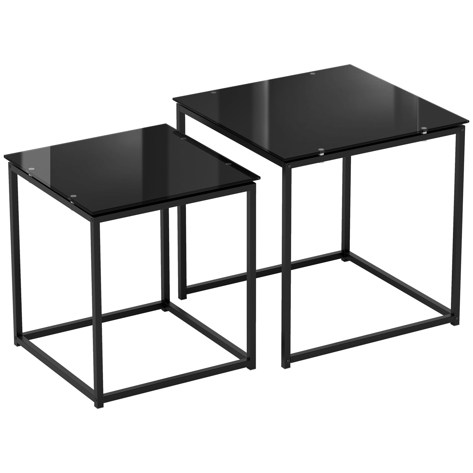 Nest of Tables, Set of 2 Coffee Table, Side Tables with Tempered Glass Desktop and Metal Frame for Living Room, Bedroom, Office, Black