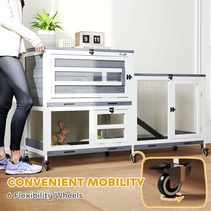 Wooden Rabbit Hutch with Run, 2-Tier Guinea Pig Hutch with Run, Wheels, 3 Plastic Trays, 2 Openable Top, for 2-3 Rabbits