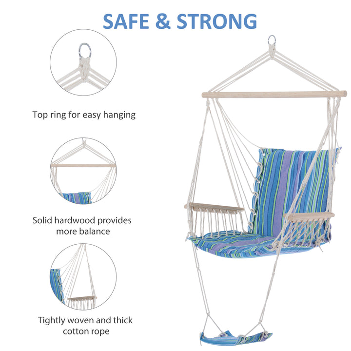 Hanging Rope Chair with Soft Padded Seat & Backrest, Portable Garden Hammoc Chair with Wooden Support Bar, Armrests, Cotton Cloth, Footrest, for Patio & Tree, Blue