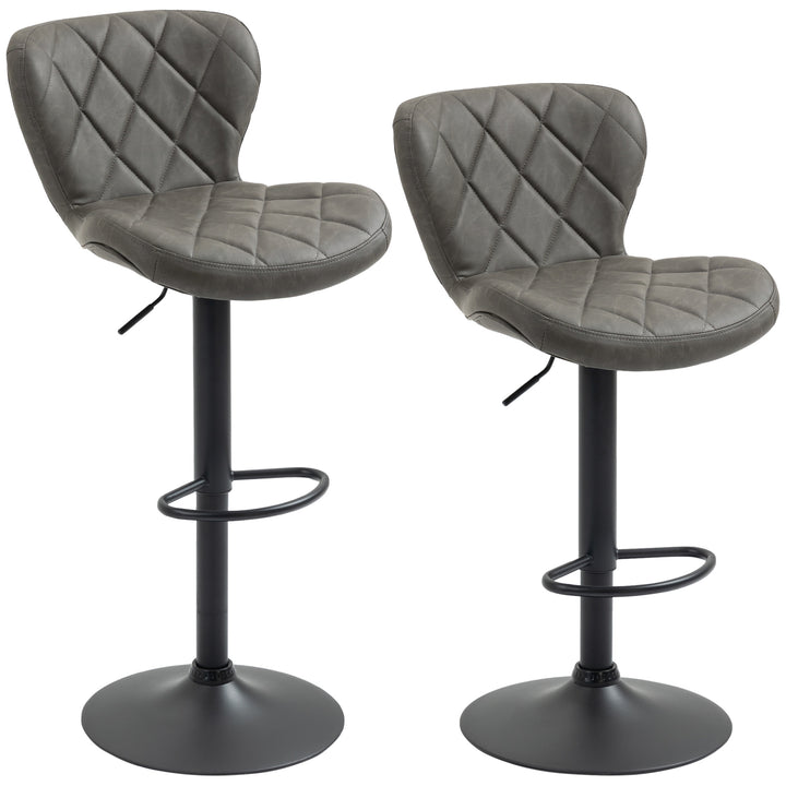 HOMCOM Adjustable Height Bar Stools Set of 2, Swivel Barstools w/ Backrest, Footrest, Steel Frame Diamond Pattern PU, Kitchen, Dark Grey | Aosom UK