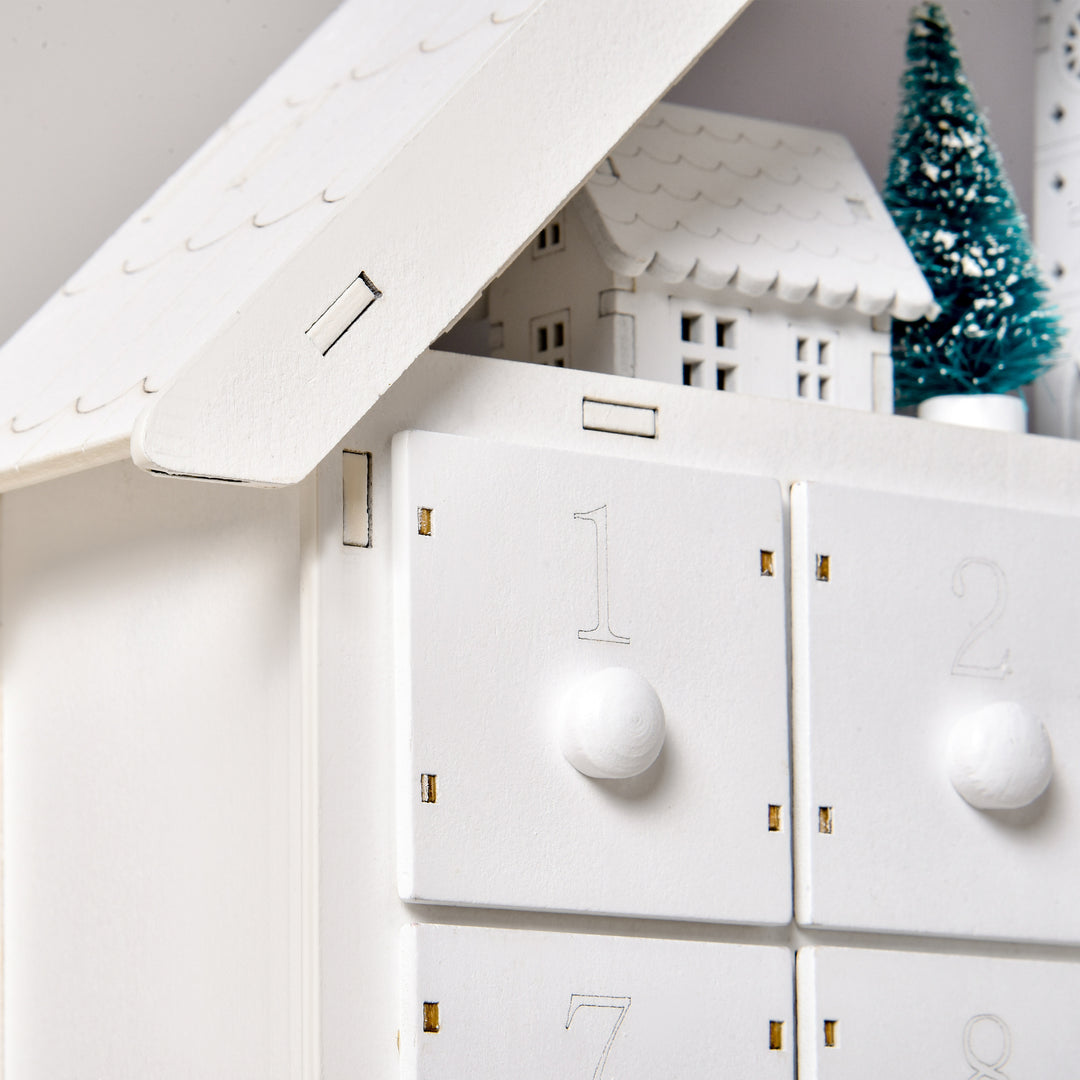 MCL 24-Drawer Christmas Advent Calendar, Wooden Light-Up Traditional Decoration, Adults Kids Countdown Holiday House w/ Lights Handle White