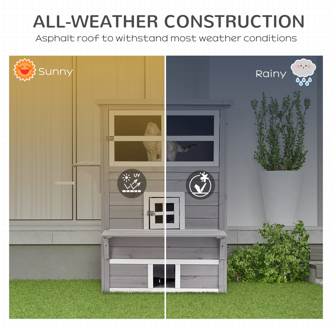 Three-Tier wooden Kitten Shelter, Outdoor Cat House, with Jumping Platforms, Asphalt Roof, Doors - Grey