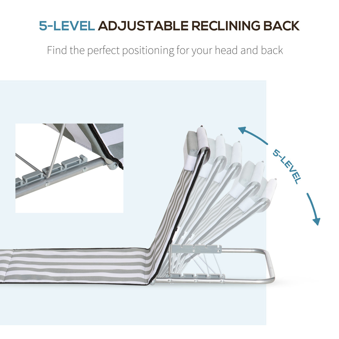 MCL Set of 2 Foldable Garden Beach Chair Mat Lightweight Outdoor Sun Lounger Seats Adjustable Back Metal Frame PE Fabric Head Pillow w/ Carry Bag, Light Grey