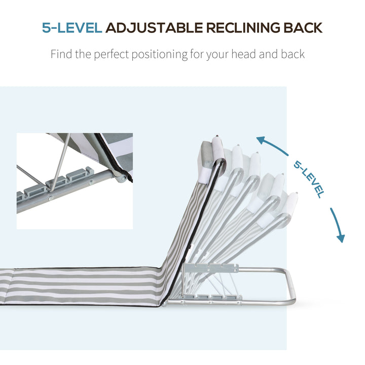 MCL Set of 2 Foldable Garden Beach Chair Mat Lightweight Outdoor Sun Lounger Seats Adjustable Back Metal Frame PE Fabric Head Pillow w/ Carry Bag, Light Grey