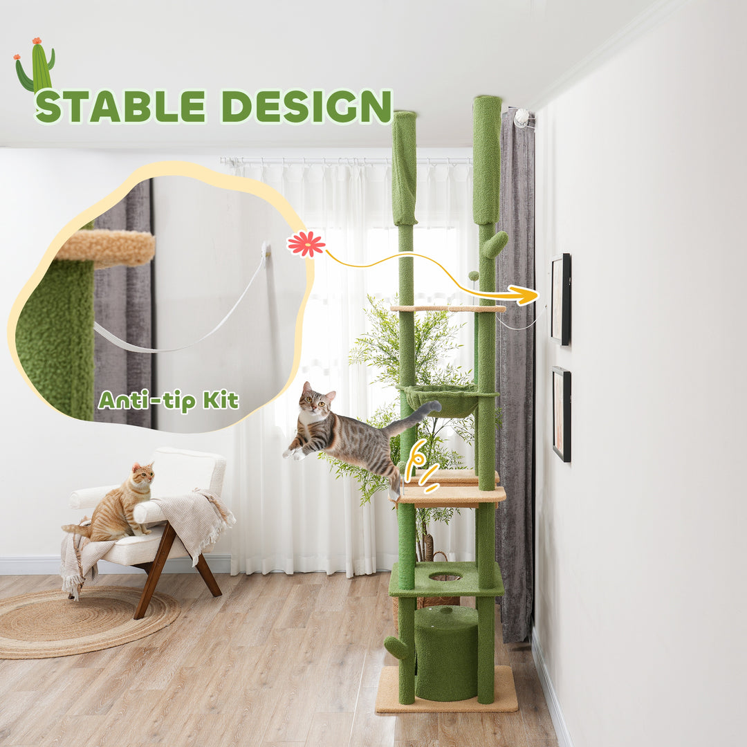 225-255cm Adjustable Floor to Ceiling Cat Tree, Tall Cat Tower for Indoor Cats w/ Scratching Posts, Green
