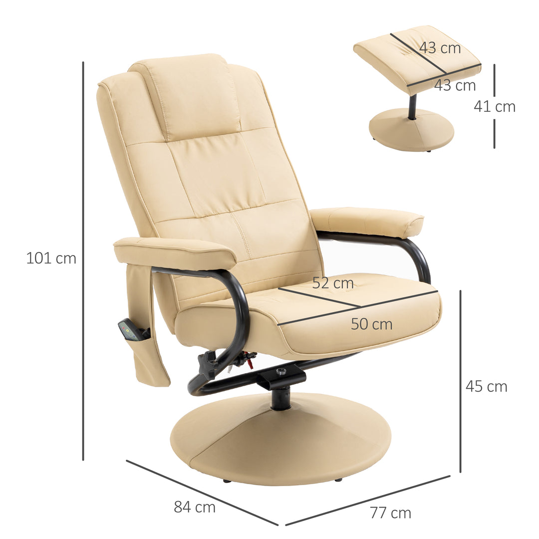 Swivel Recliner Chair and Footstool, Faux Leather Massage Recliner Armchair with Remote Control and Round Wrapped Base, Cream
