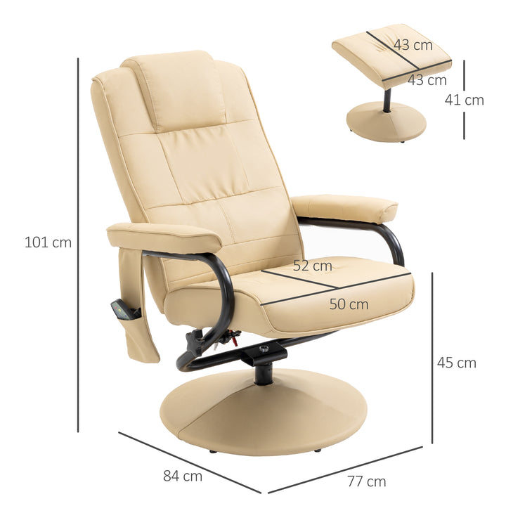 Swivel Recliner Chair and Footstool, Faux Leather Massage Recliner Armchair with Remote Control and Round Wrapped Base, Cream