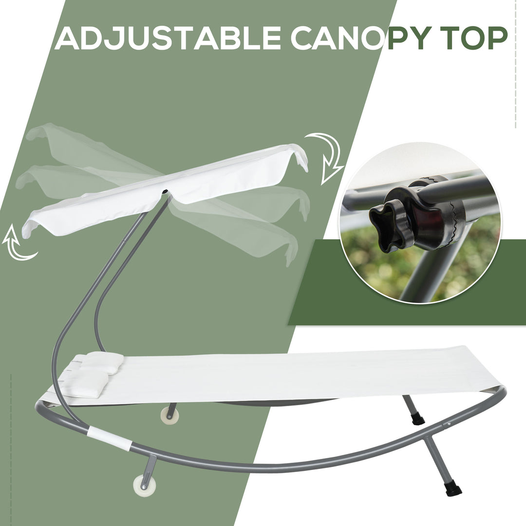 Double Sun Lounger with Adjustable Detachable Canopy, Portable Garden Daybed for 2 with Wheels, Outdoor Sunbed Hammock with 2 Pillows, 220 KG Max. Load, White