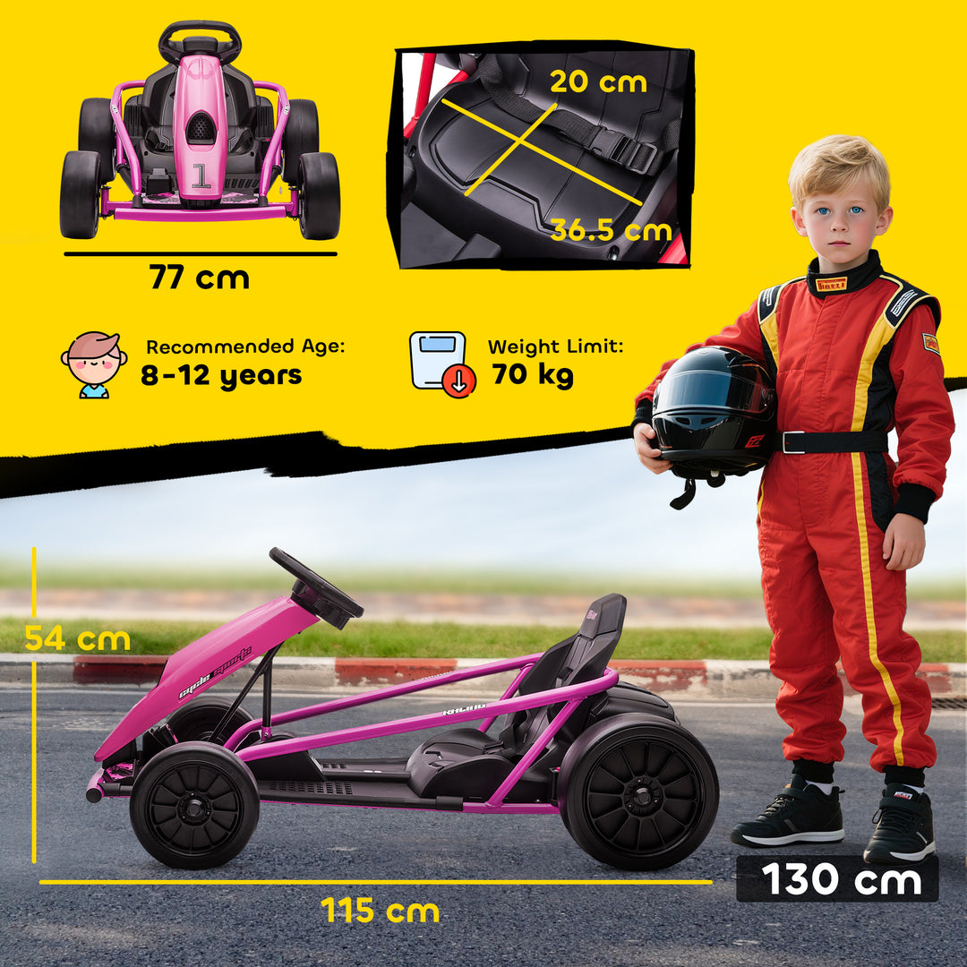 24V Electric Go Kart for Kids, Drift Ride-On Racing Go Kart with 2 Speeds, for Boys Girls Aged 8-12 Years Old, Pink