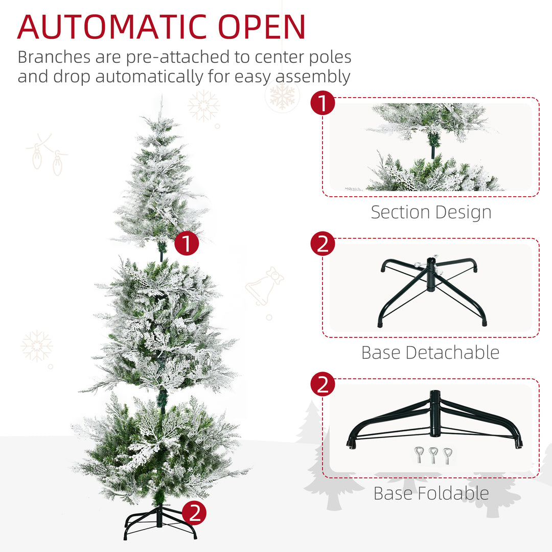 HOMCOM Pencil Snow Flocked Artificial Christmas Tree with Realistic Cypress Branches, Auto Open, Green