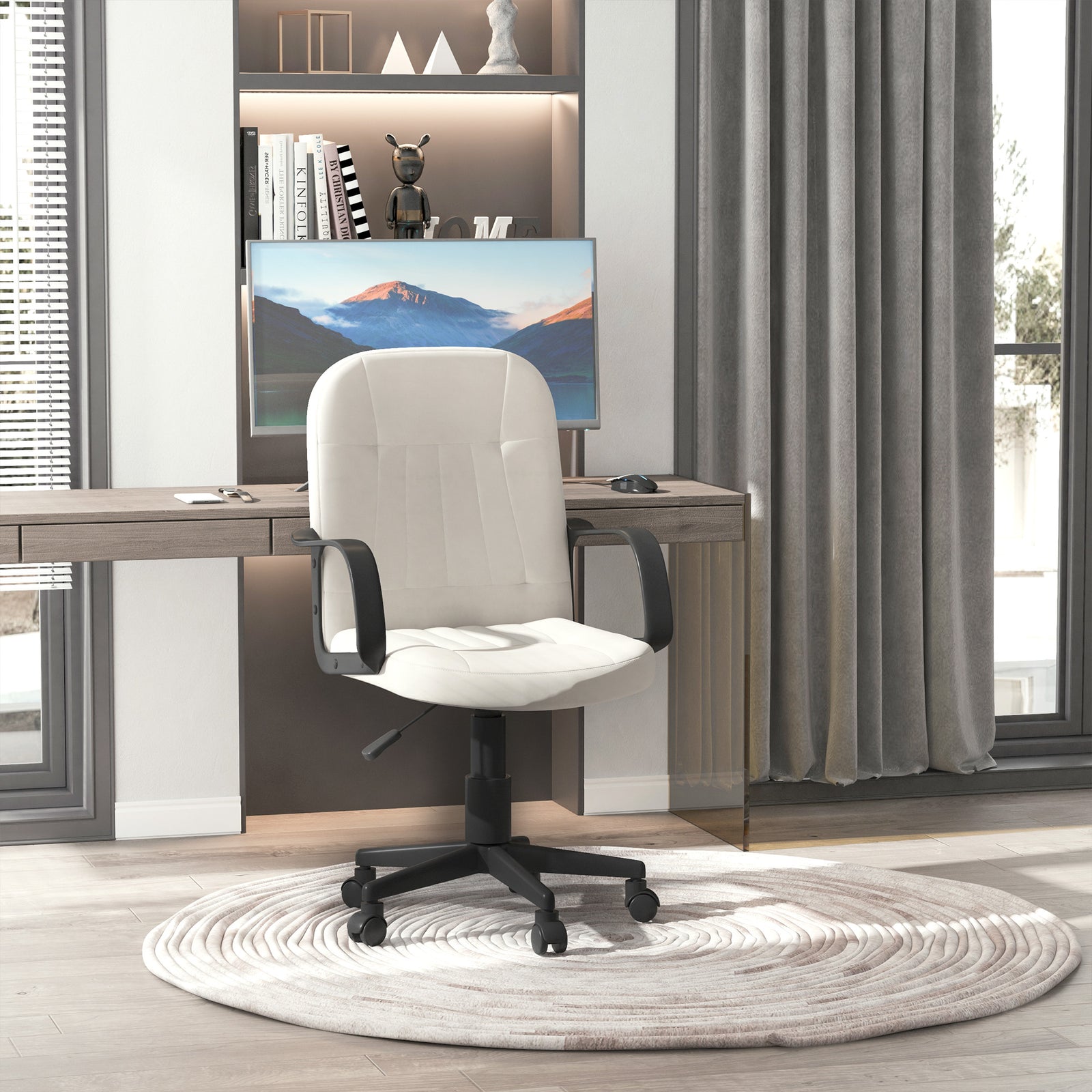 Office Chair, PU Leather Computer Desk Chair with Adjustable Height, Swivel Wheels for Home Office Work Study, Cream White