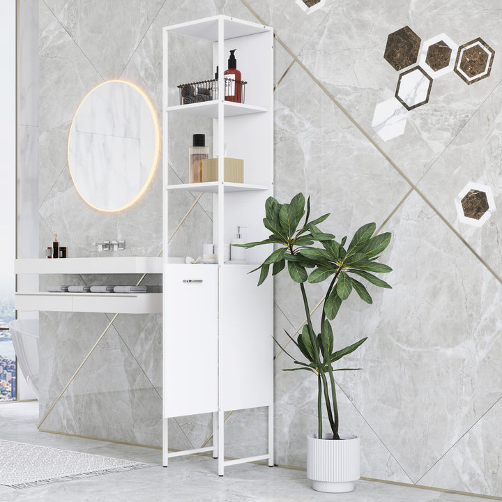 Tall Bathroom Cabinet with Open Shelves and Adjustable Shelf - White