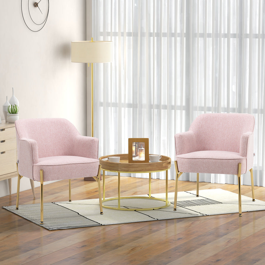 Accent Chair, Living Room Armchair, Vanity Chair with Gold Plating Metal Legs and Soft Padded Seat for Bedroom and Café, Set of 2, Pink
