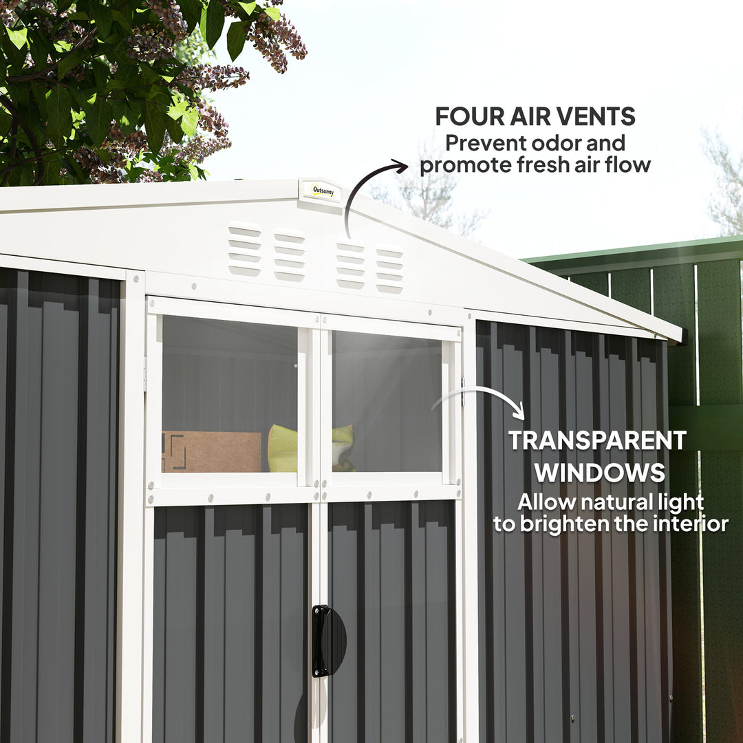8 x 4 ft Metal Garden Shed, Garden Storage Shed with Window, 4 Vents and Lockable Door, Waterproof Galvanised Steel Tool Storage Shed, Dark Grey