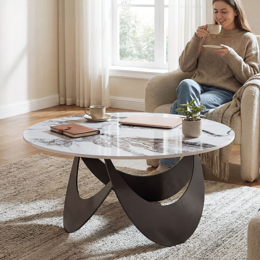 Coffee Table Sintered Stone Top Adjustable Foot Pads Modern Centre Tab