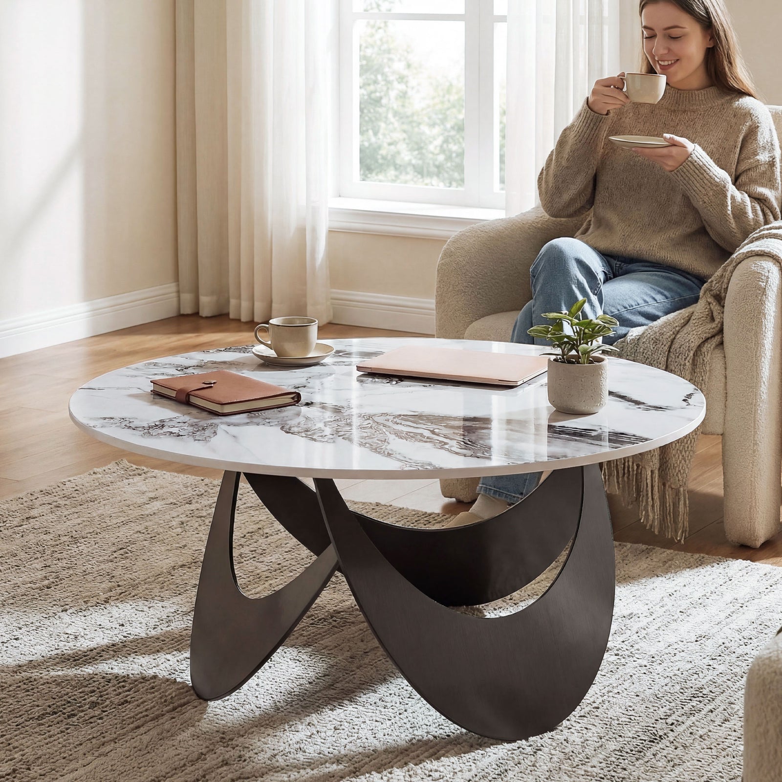 Coffee Table Sintered Stone Top Adjustable Foot Pads Modern Centre Tab