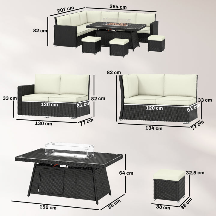 7 Pieces PE Rattan Garden Furniture Set, 50,000 BTU Gas Fire Pit Table