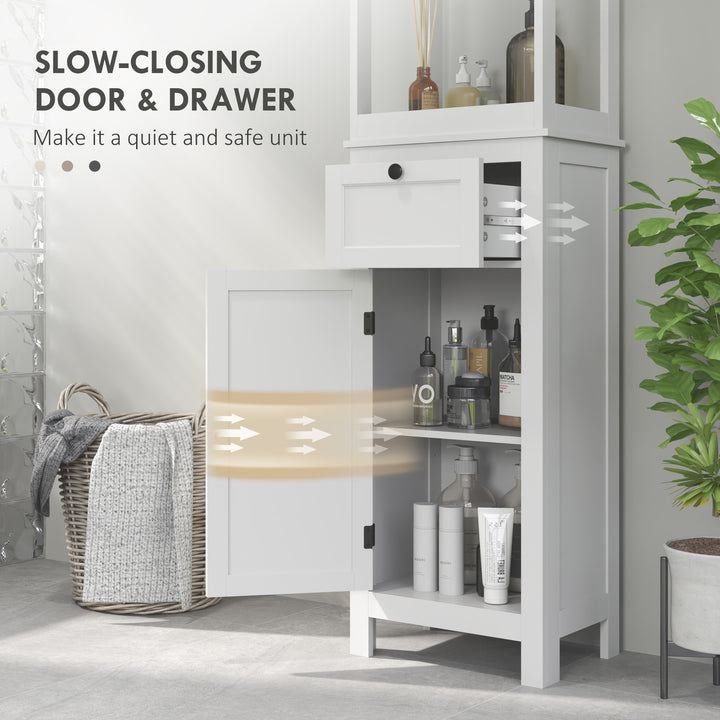 Tall Bathroom Cabinet, Slim Bathroom Storage Cabinet with 2 Open Shelves, Soft Close Door and Drawer, Adjustable Shelf, Narrow Cupboard Storage Unit, White