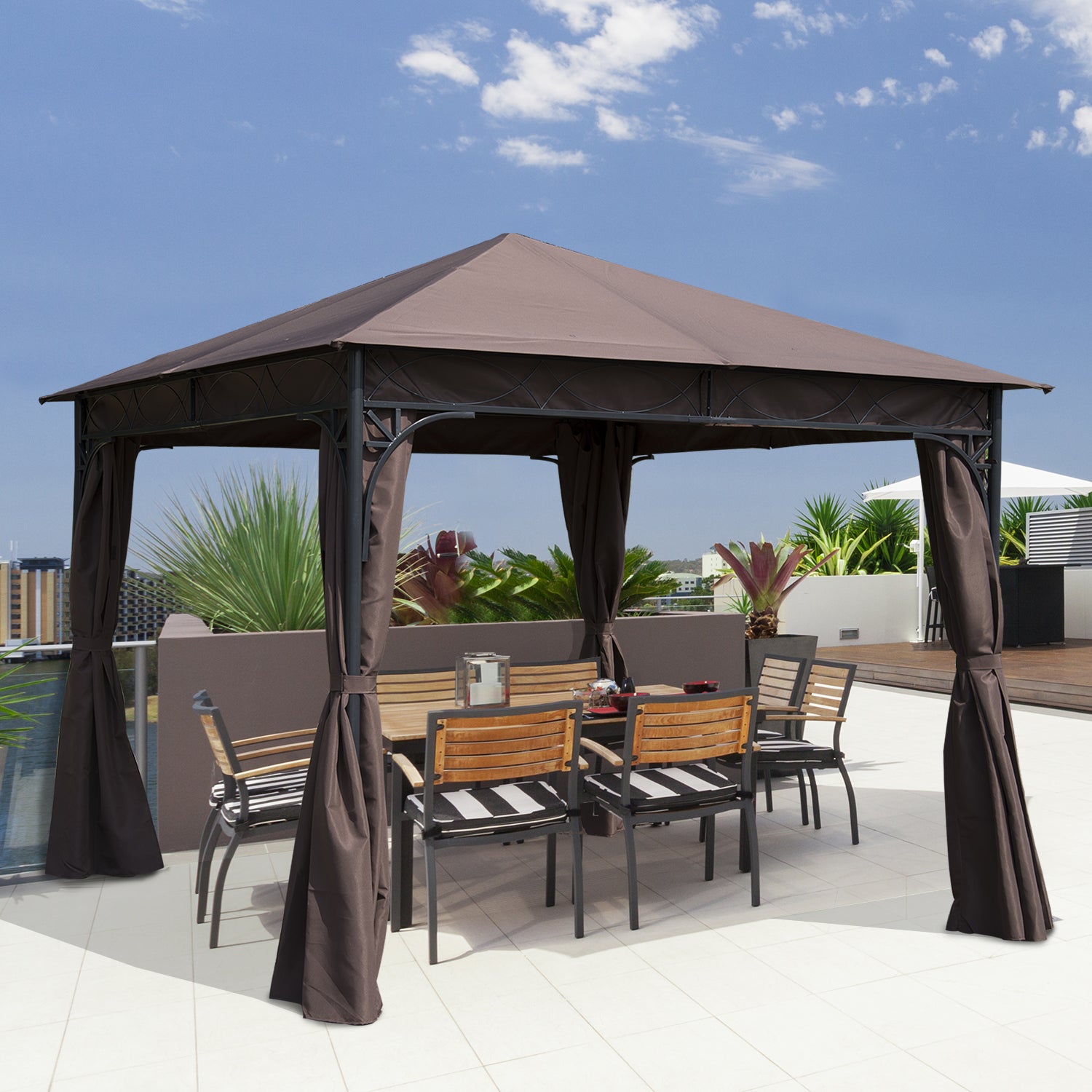 3 x 3(m) Garden Gazebo, Outdoor Gazebo Canopy Shelter with Curtains and Steel Frame for Lawn, Yard and Deck, Coffee