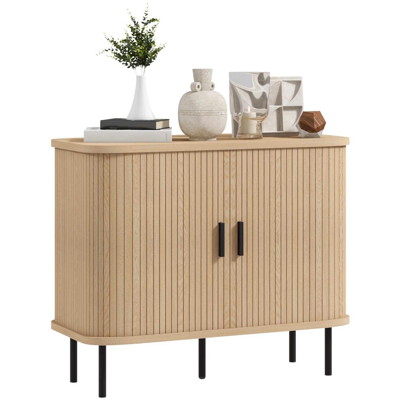 Mid-Century Modern Sideboard Storage Cabinet with Slatted Tambour Sliding Doors, Kitchen Cabinet with Steel Legs, Oak Tone