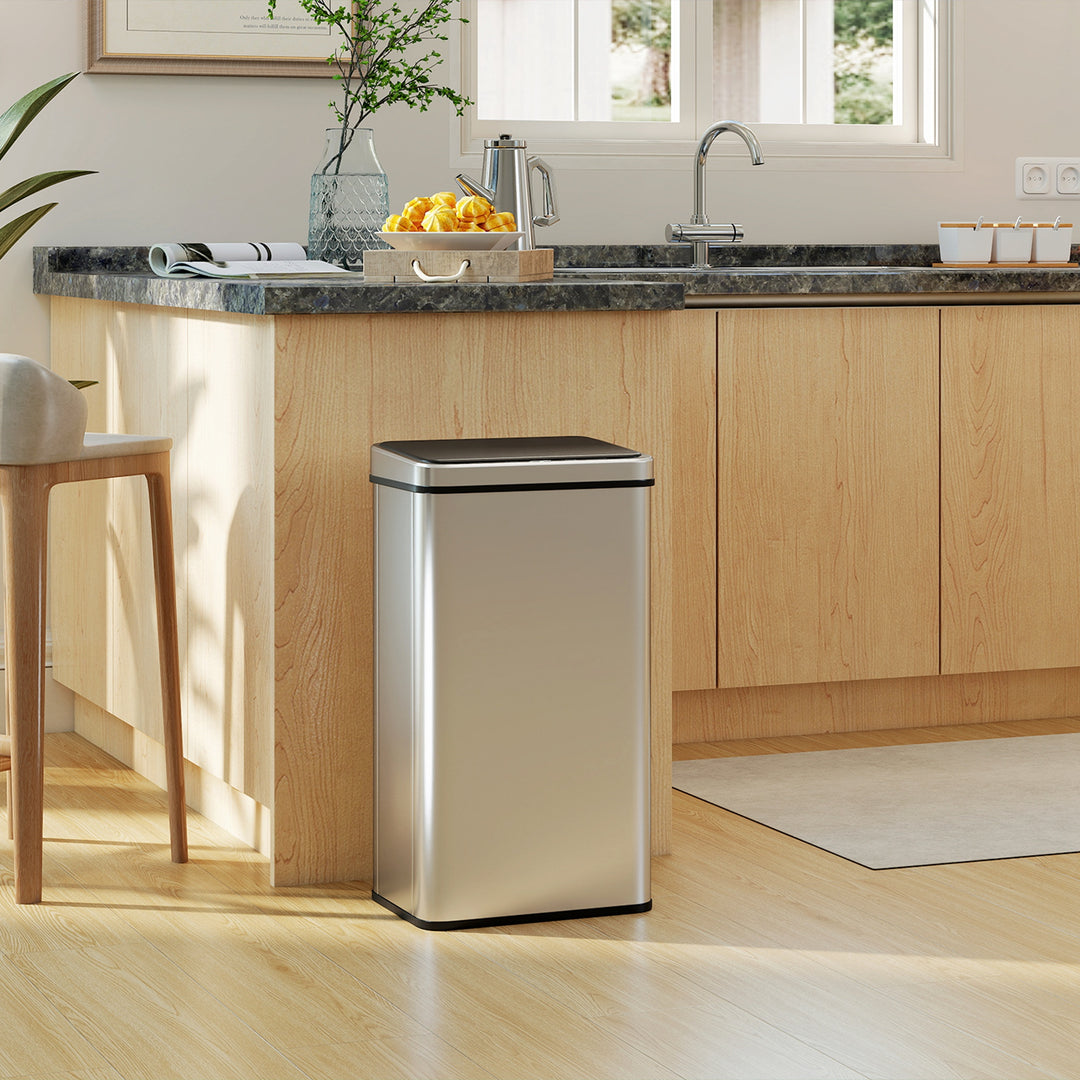MCL 50L Sensor Bin with Quiet Soft-Close Lid, Automatic Touchless Motion Sensor Kitchen Bin with Fingerprint Resistant Stainless Steel for Hygienic Gyms, Home Office Use, Silver Tone