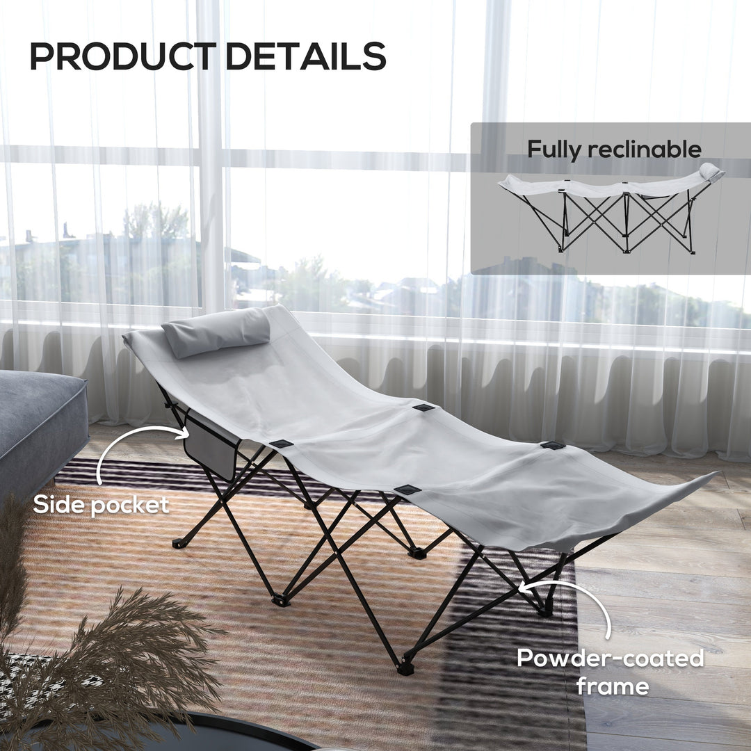 Camping Bed for Adults, Single Folding Camp Bed, Portable Camping Cot with Side Pocket, Headrest and Oxford Seat for Outdoor, Travel, Fishing, Light Grey