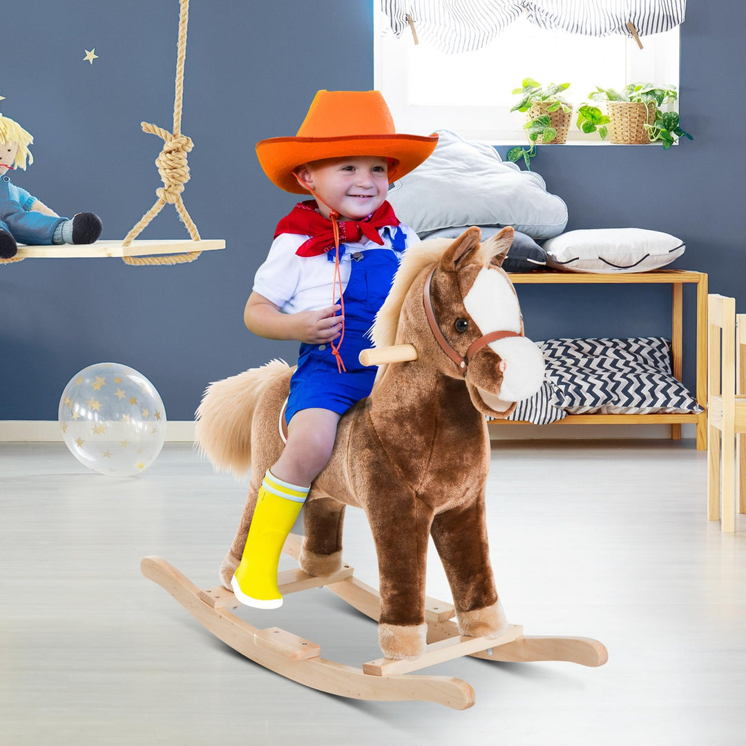MCL Kids Children Plush Rocking Horse Wooden Base Ride On Toy Rocker with Handle Grip Traditional Toy Fun Gift for Age 3+ (Brown)