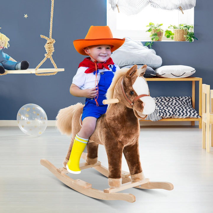 MCL Kids Children Plush Rocking Horse Wooden Base Ride On Toy Rocker with Handle Grip Traditional Toy Fun Gift for Age 3+ (Brown)
