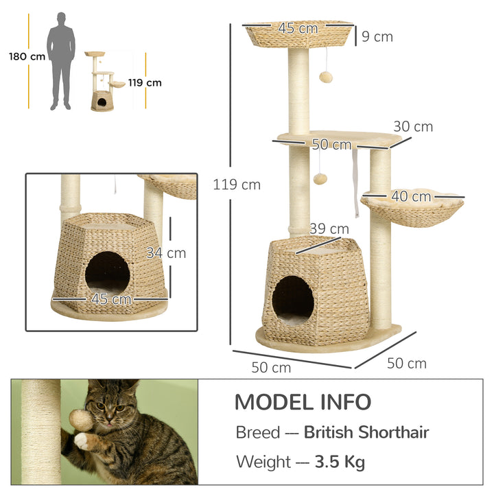 PawHut Cat Tree Tower: Climbing Activity Centre with Cattail, Bed, House, Sisal Scratching Post, Hanging Ball, Natural Tones | Aosom UK