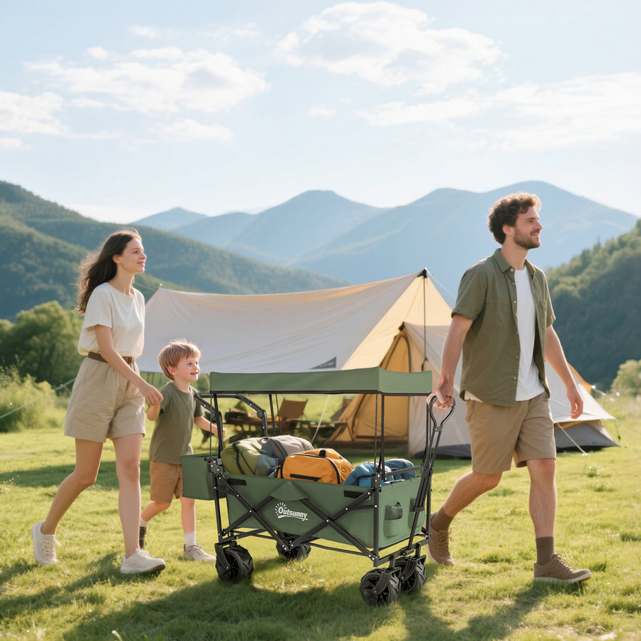 Folding Trolley Cart Storage Wagon Beach Trailer 4 Wheels with Handle Overhead Canopy Cart Push Pull for Camping, Green
