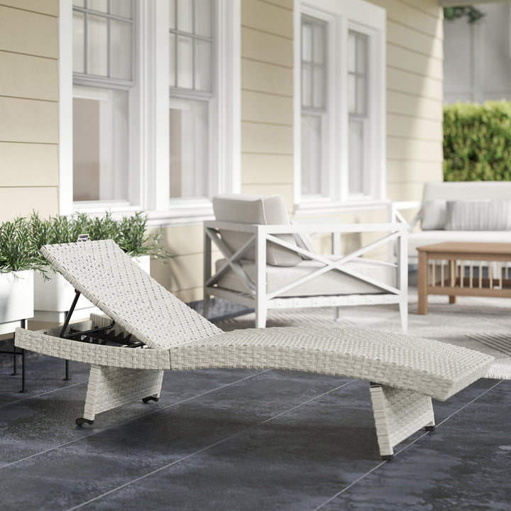 Outdoor PE Rattan Sun Lounger, Folding Wicker Garden Lounger Recliner with 4-Level Adjustable Backrest, Rolling Sunbed Lounge Chair with Wheels, Non-Slip Legs for Balcony, Beach, Grey