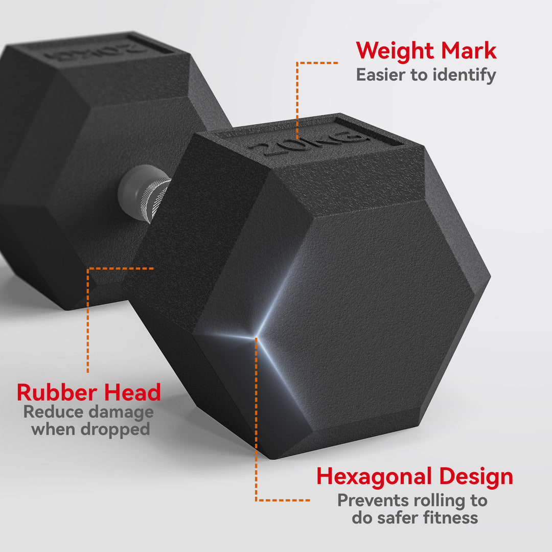 20KG Single Rubber Hex Dumbbell Portable Hand Weights Dumbbell Home Gym