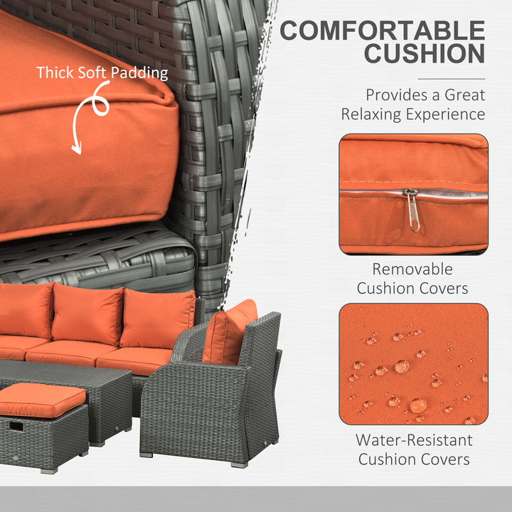 Six-piece Outdoor Rattan Dining Set, Outdoor Sofa Set with Reclining Armchairs and Mental Frame, Orange