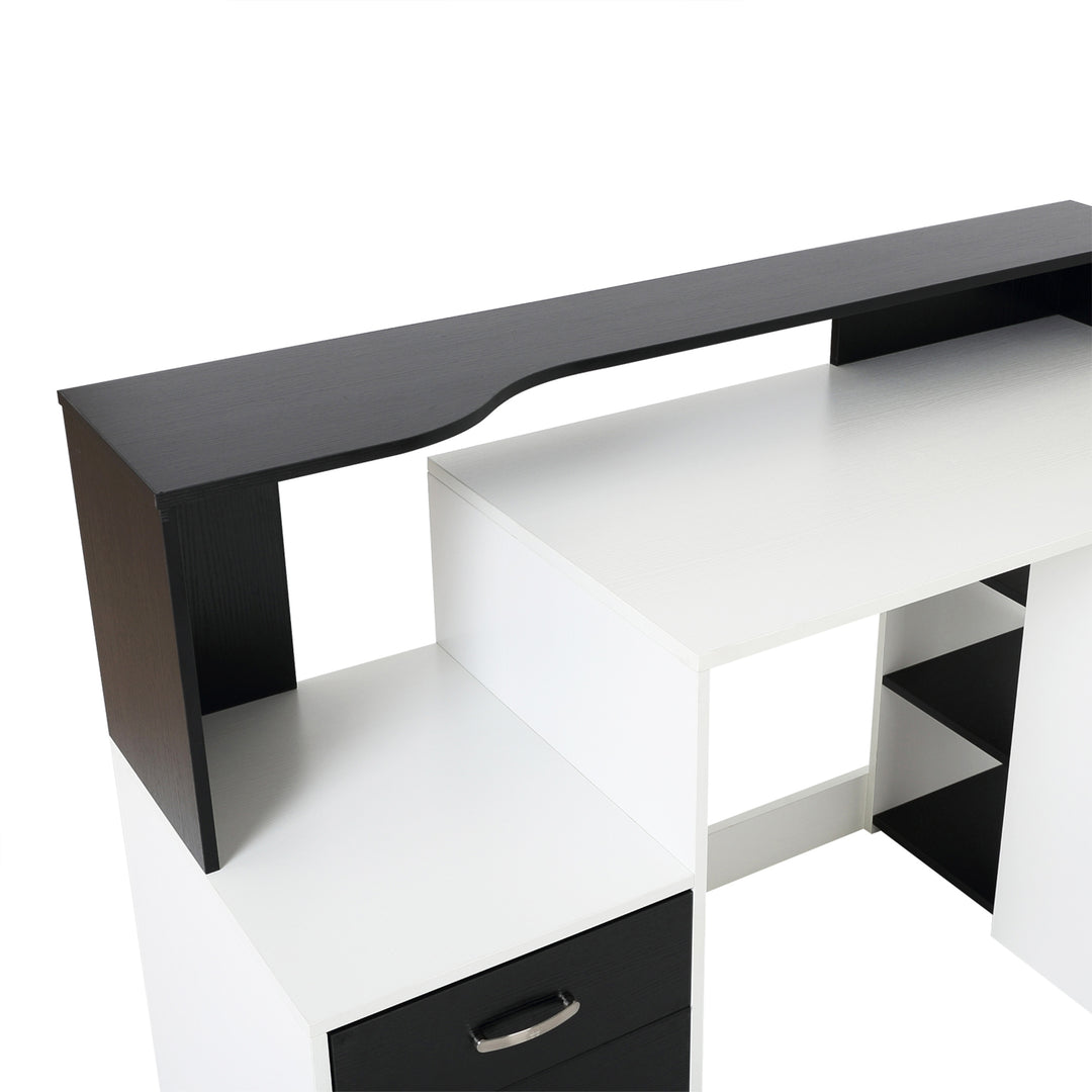 Computer Desk with Drawers and Storage Shelves, Office Desk Writing Table with Printer Stand, Large Workstation for Study Play Work Home Office, 137 x 55 x 92cm, Black and White