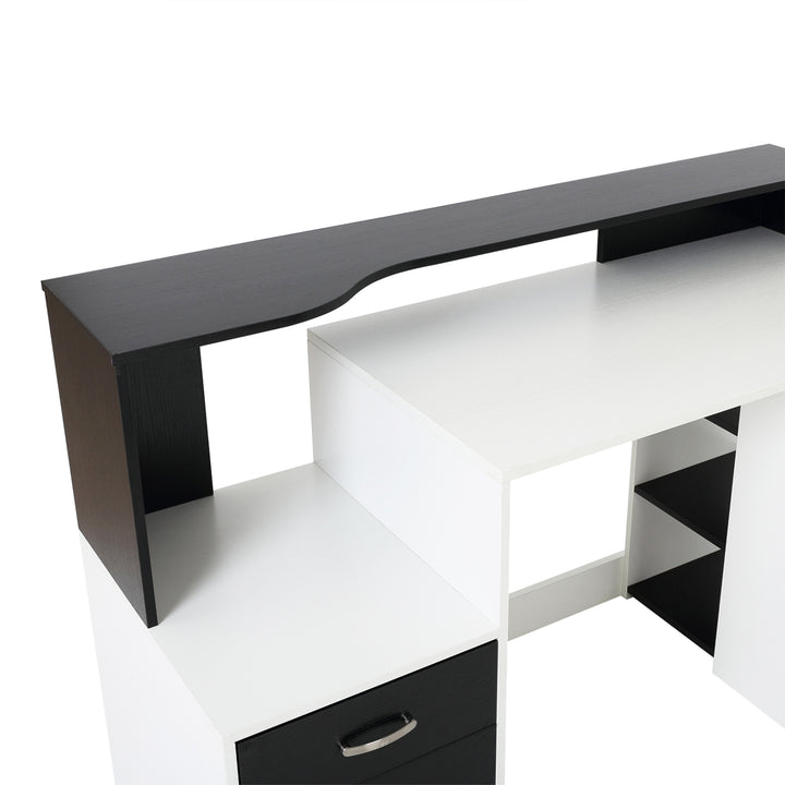 Computer Desk with Drawers and Storage Shelves, Office Desk Writing Table with Printer Stand, Large Workstation for Study Play Work Home Office, 137 x 55 x 92cm, Black and White