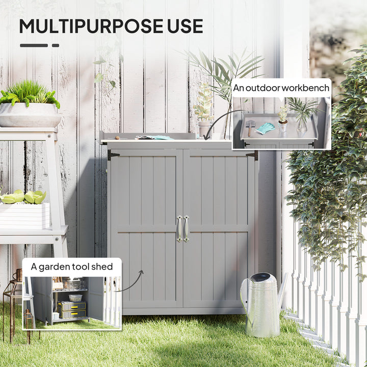 Wooden Garden Shed, Garden Tool Storage Shed with Hinged Roof and Shelf, Outdoor Storage Cabinet with Double Doors, Grey