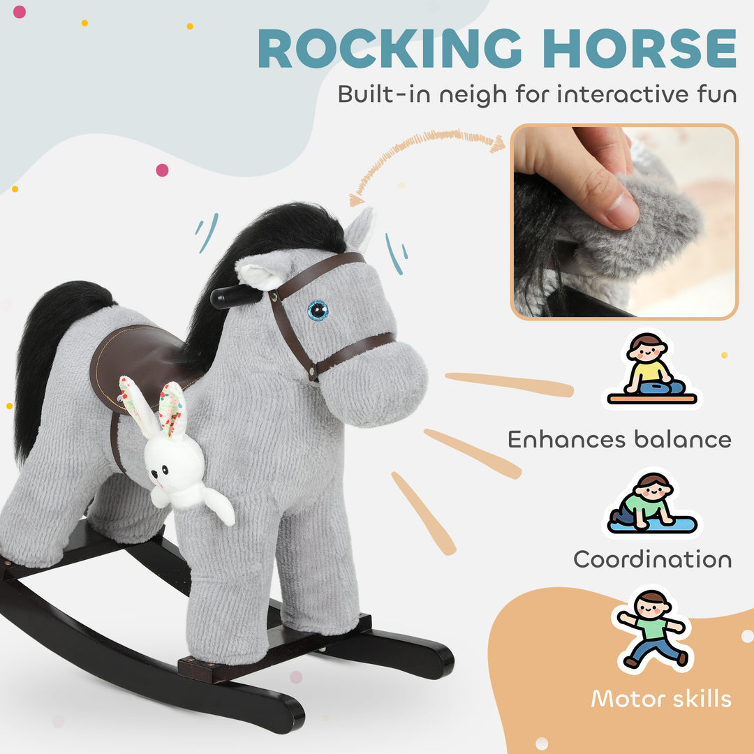 Baby Rocking Horse, Plush Ride on Toy with Handle Grip, Sound and Doll, Toddler Animal Rocker for Kids Aged 2-5