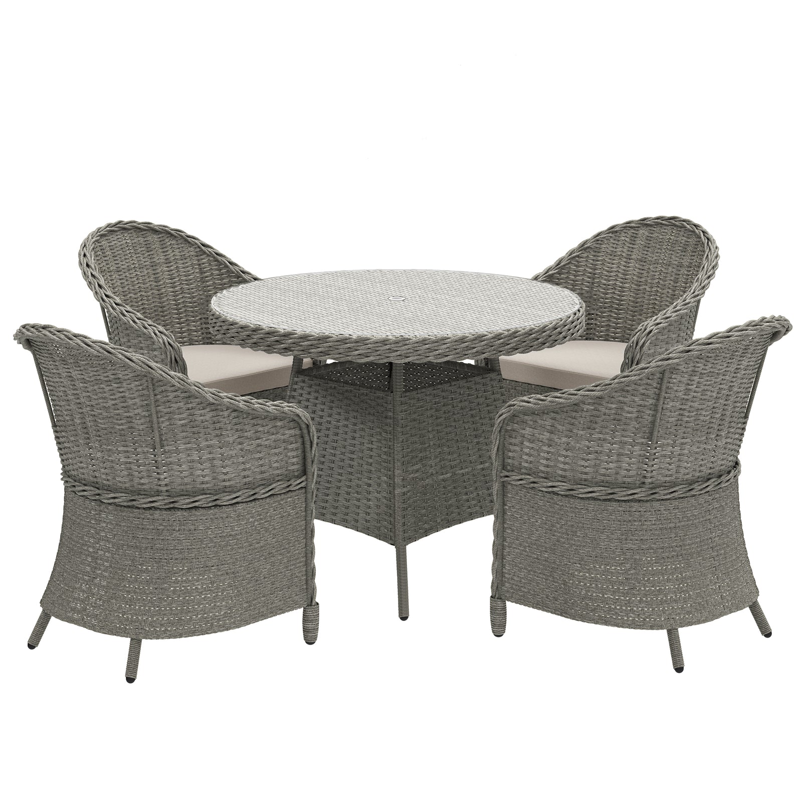 4 Seater Rattan Garden Furniture Set with Cushions, Round PE Rattan Dining Set with Glass-Top Table, Umbrella Hole, Outdoor Garden Table and Chairs, Grey