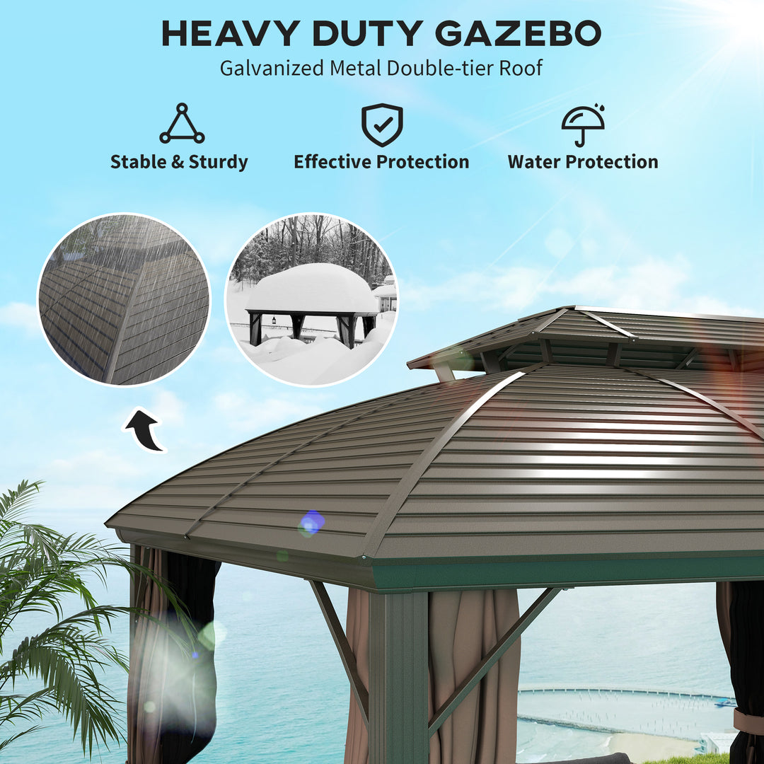 3.65 x 3(m) Hardtop Steel Gazebo Canopy with Aluminium Frame, Double Roof, Net Sidewalls and Curtains, Coffee