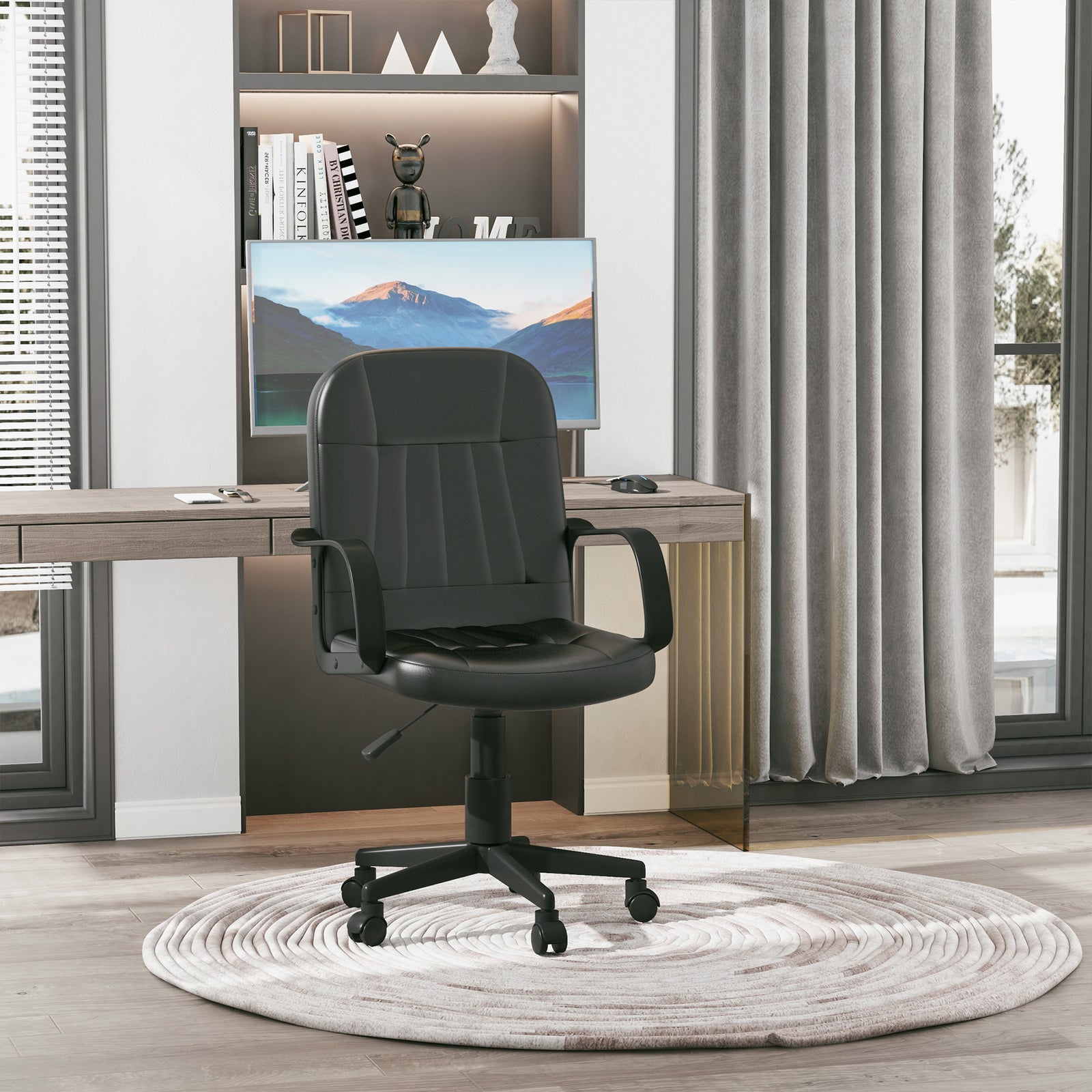 Swivel Executive Office Chair, PU Leather Computer Desk Chair with Adjustable Height, Wheels, Black