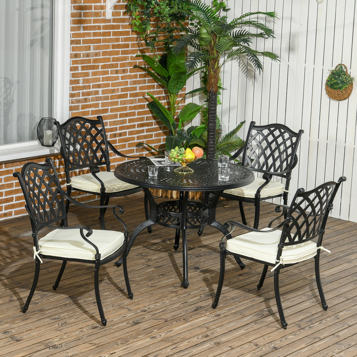 Outsunny Cast Aluminium 4 Seater Outdoor Dining Set with Cushions Parasol Hole Black | Aosom UK