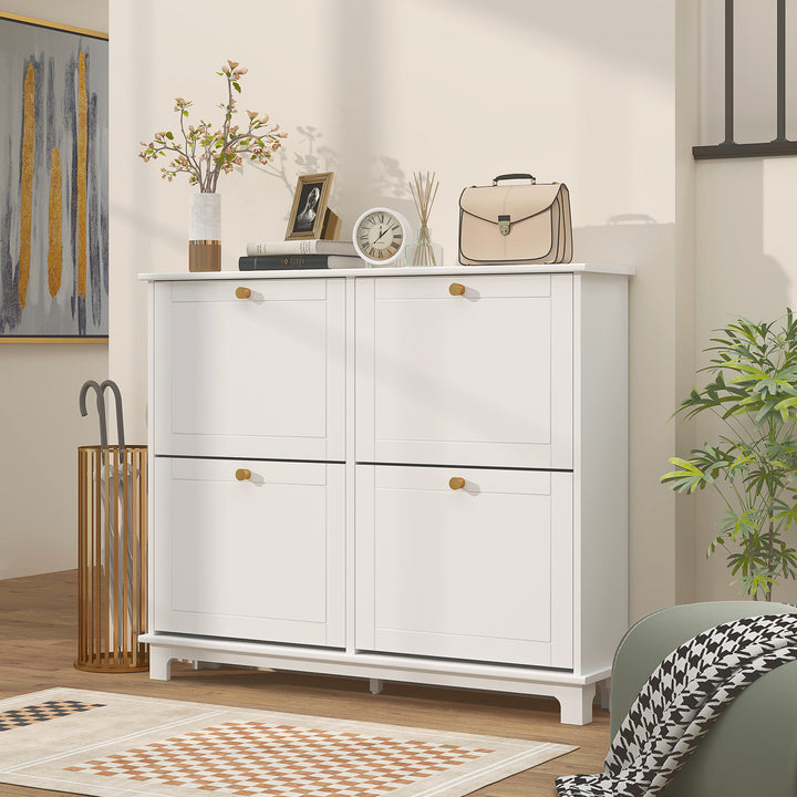 Narrow Shoe Storage Cabinet, Slim Shoe Cabinet with 4 Flip Drawers, Adjustable Shelves for 16 Pairs of Shoes, White
