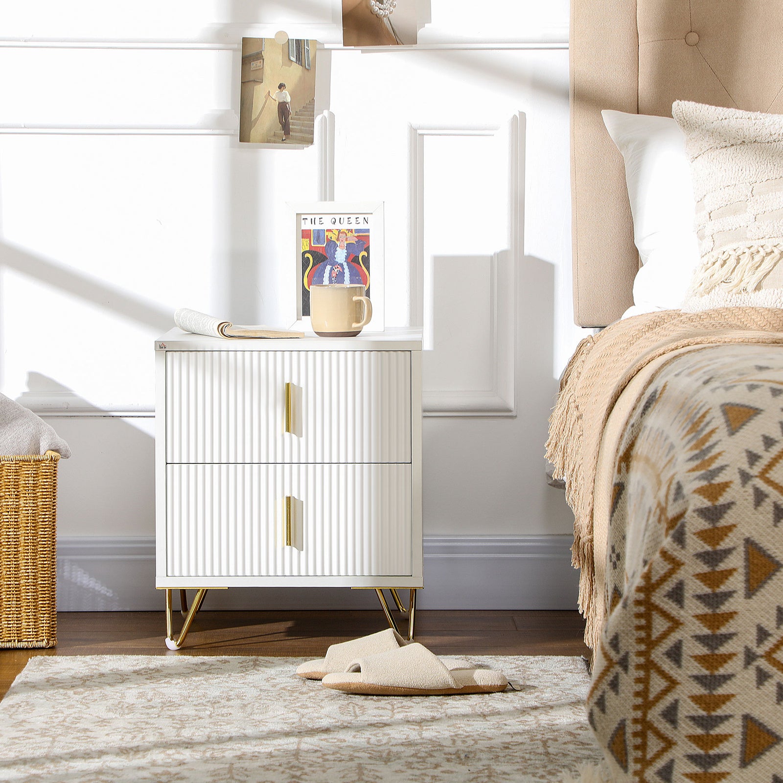 Elegant Chest of Two Drawers - White/Gold-Tone