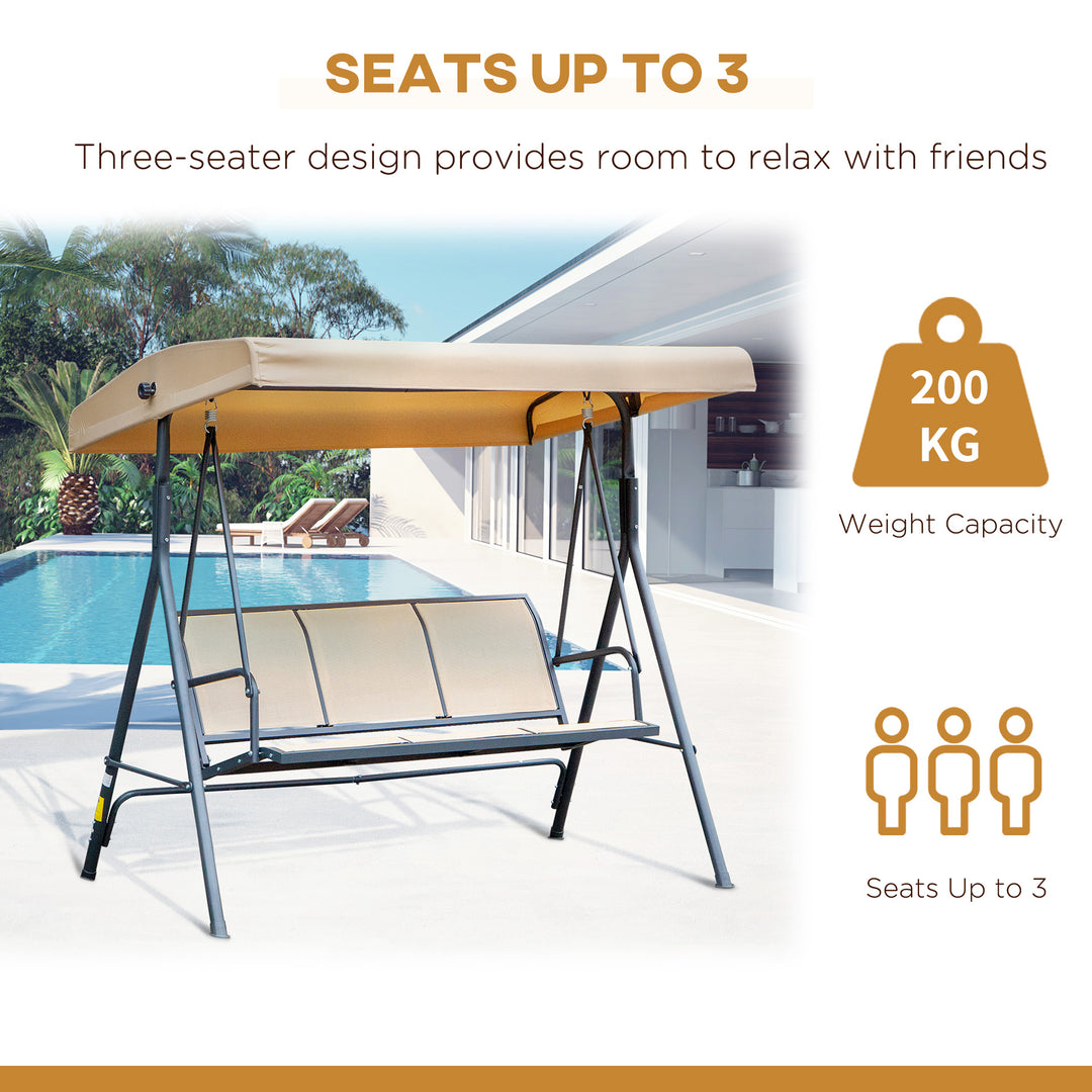 3 Seater Swing Chair, Garden Swing Bench with Canopy, Breathable Mesh Seat and Heavy Duty Steel Frame for Patio, Yard, Beige