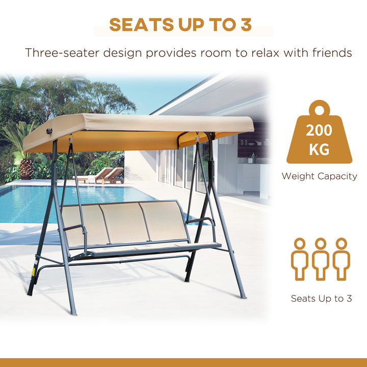 3 Seater Swing Chair, Garden Swing Bench with Canopy, Breathable Mesh Seat and Heavy Duty Steel Frame for Patio, Yard, Beige